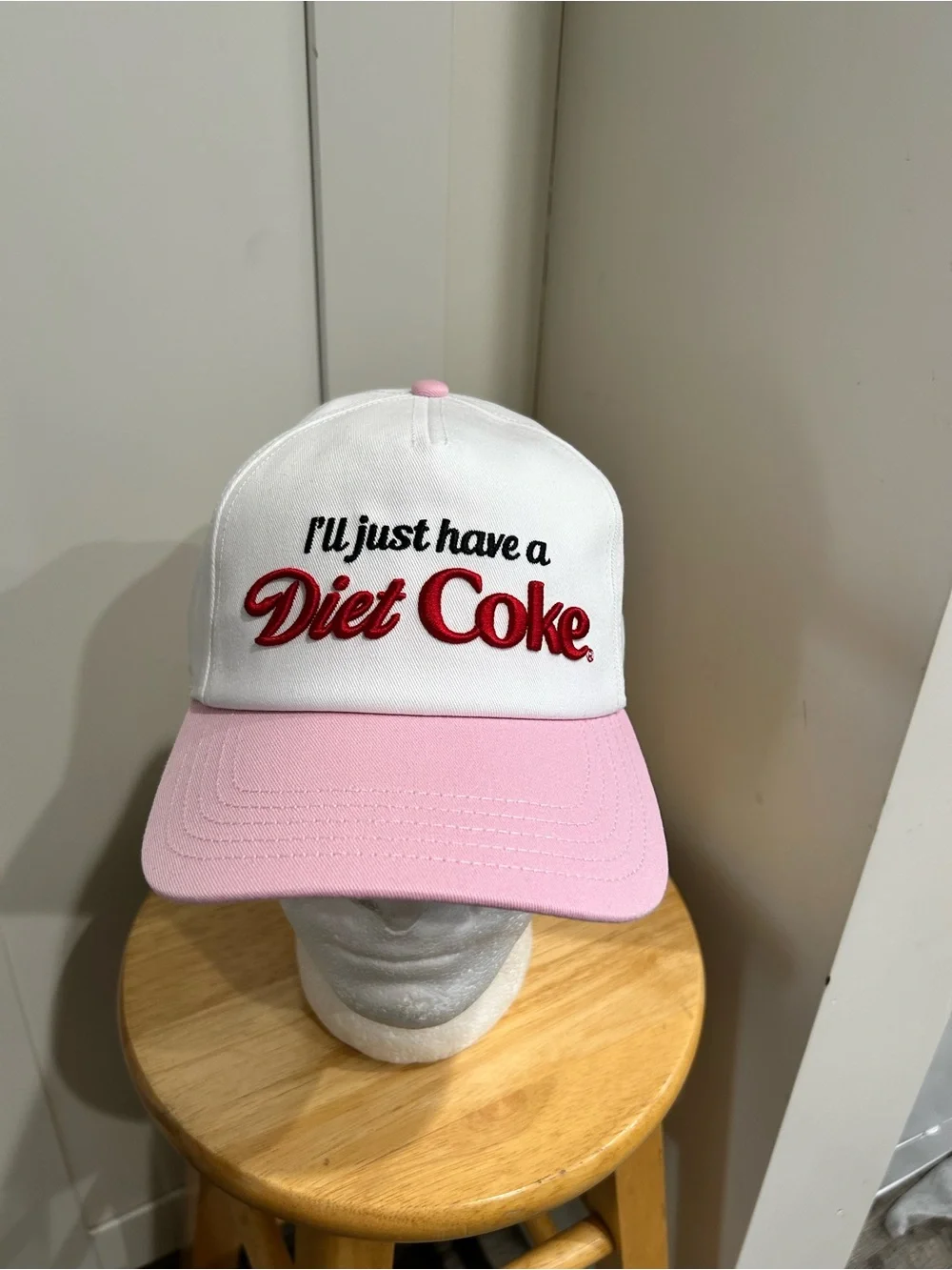 American Needle White Trucker Hat with Pink Bill and Red Embroidery